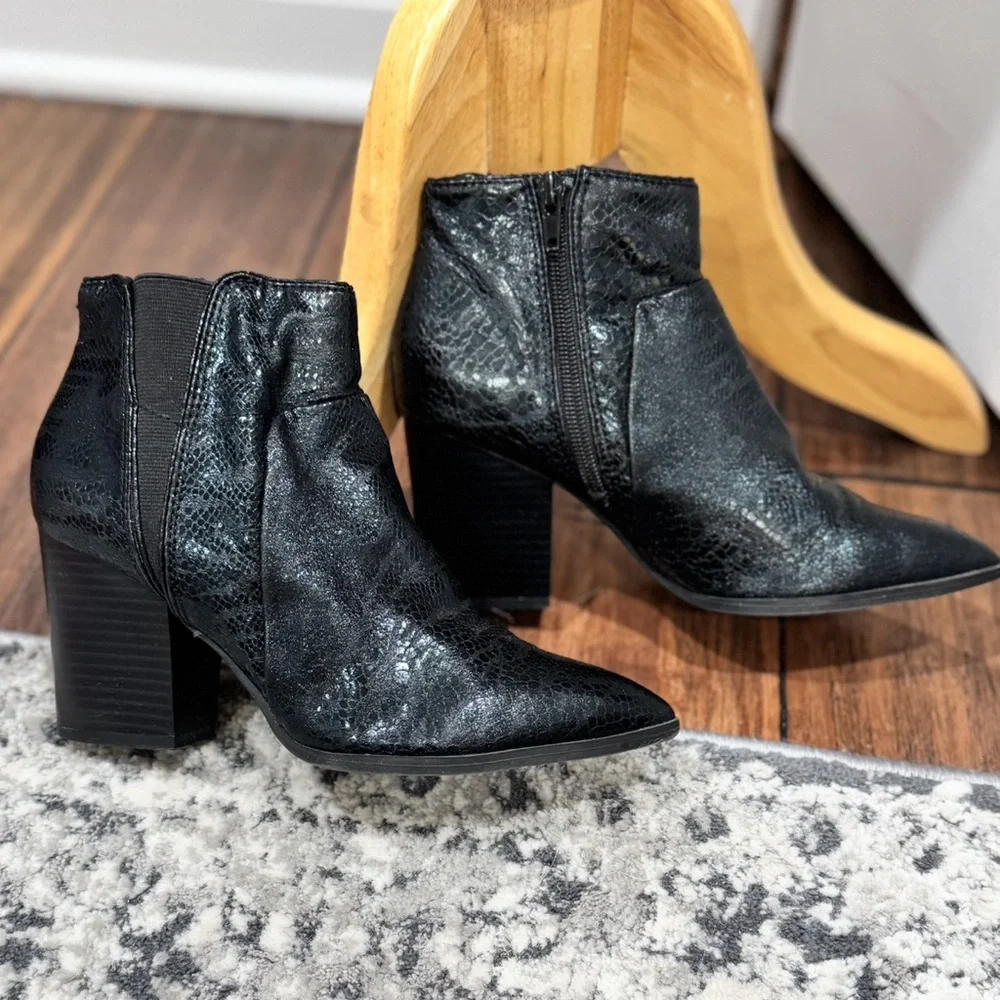 BAR III Black Faux Snake Pointed Toe Ankle Boots